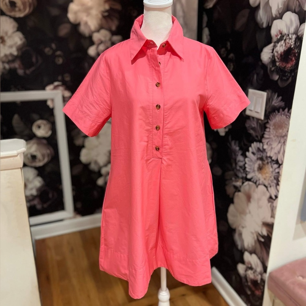 Women's Short Sleeve Collared Mini Dress in Coral Pink